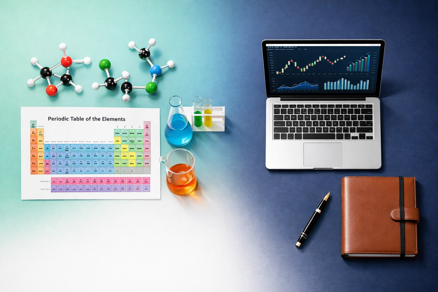 Chemistry lab equipment and business tools side by side showing analytical skills transfer to CEO roles