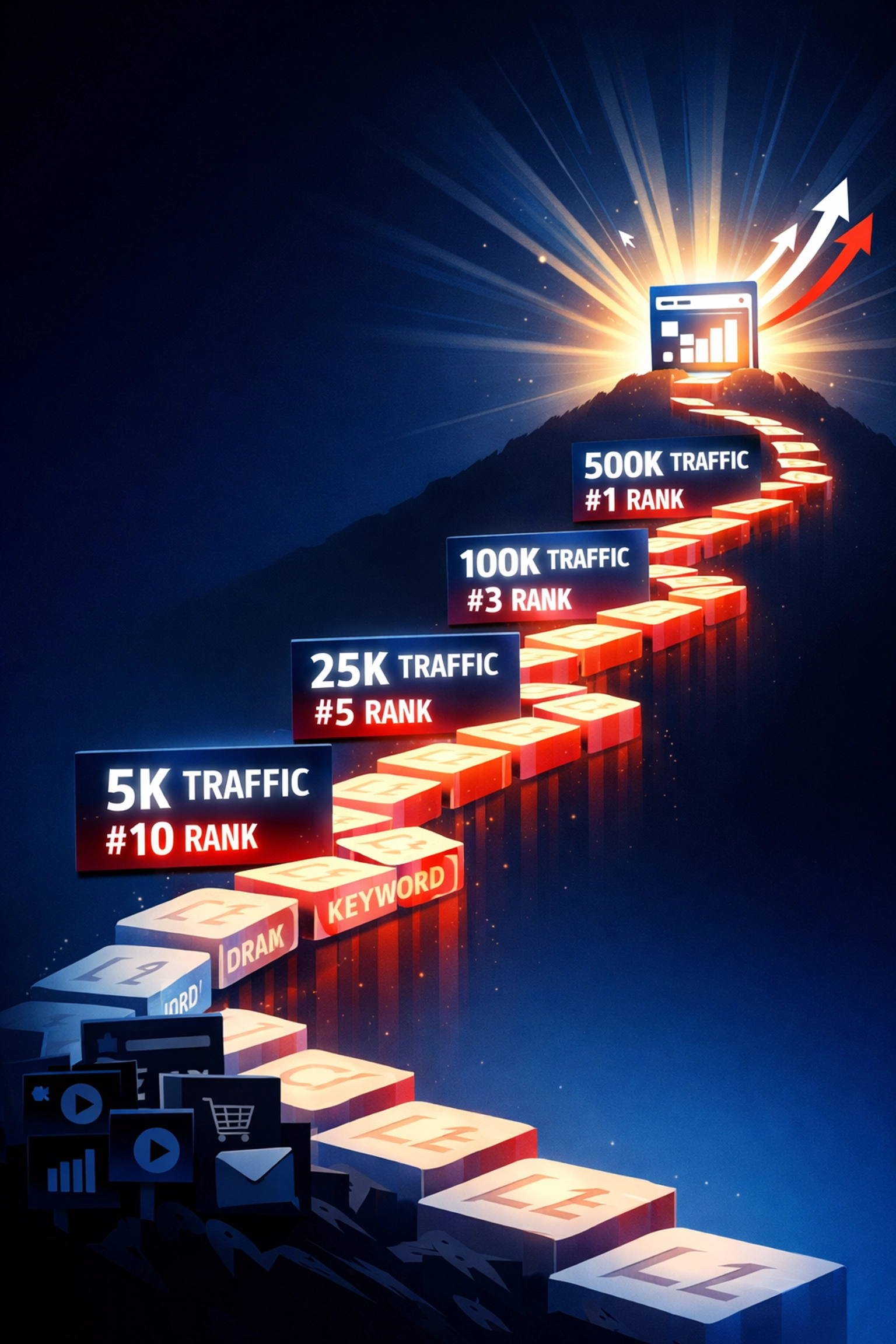 SEO ranking progress pathway showing organic traffic growth from targeting long-tail keywords