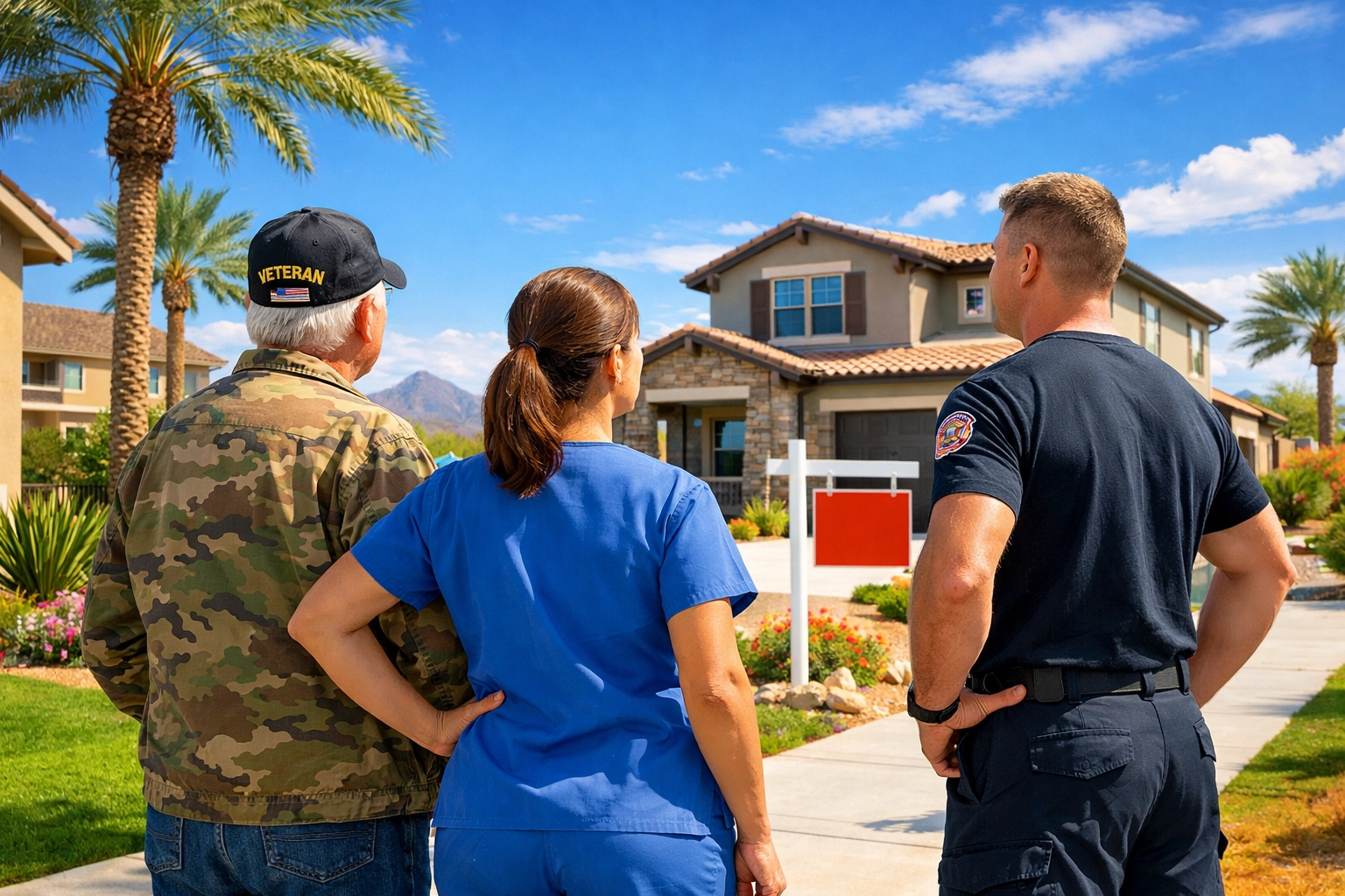 A veteran, nurse, and firefighter stand in front of a sold home in a West Valley Phoenix neighborhood.