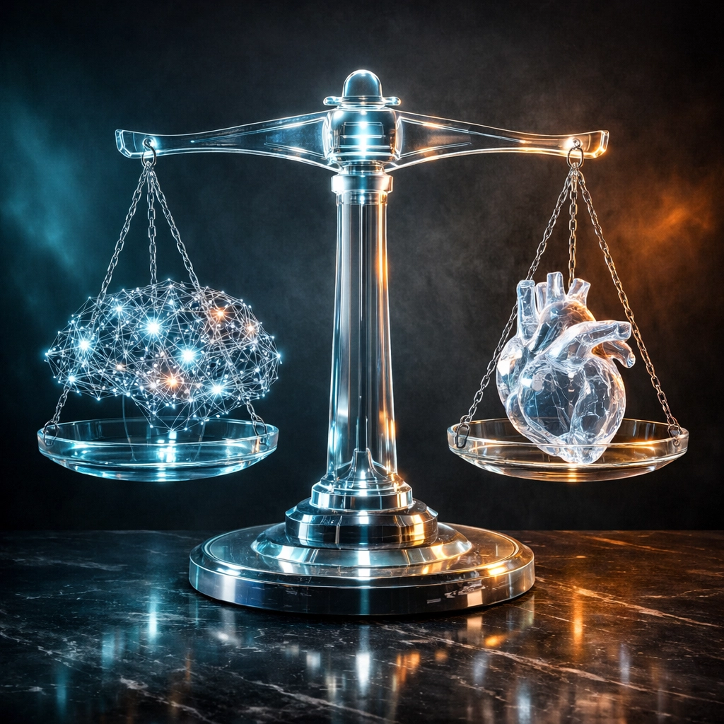 A glowing scale balancing a digital brain and a human heart, representing ethical AI governance.