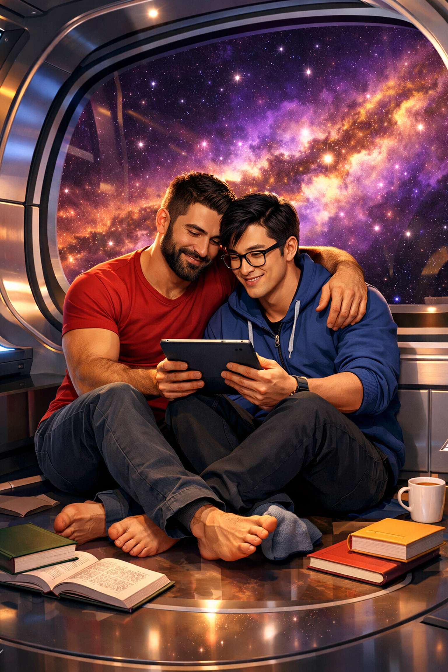 A diverse gay couple finds comfort together in a futuristic setting, highlighting the evolution of modern MM fiction.