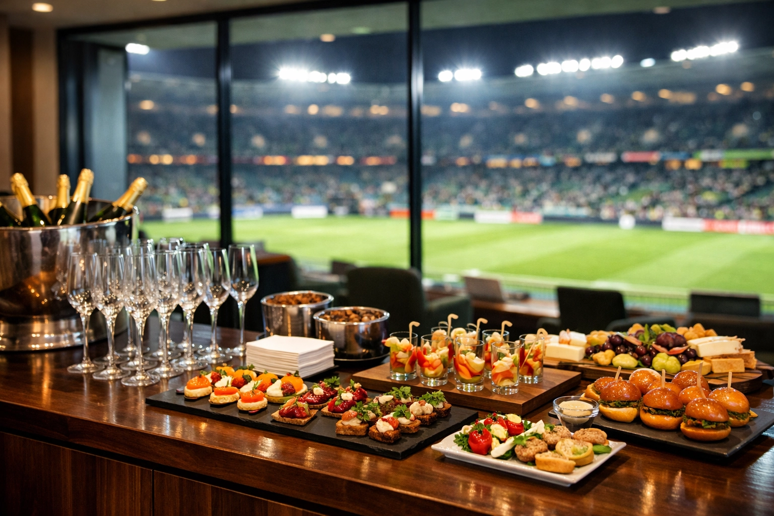 Professional stadium VIP hospitality suite with high-end catering and a view of the sports field.
