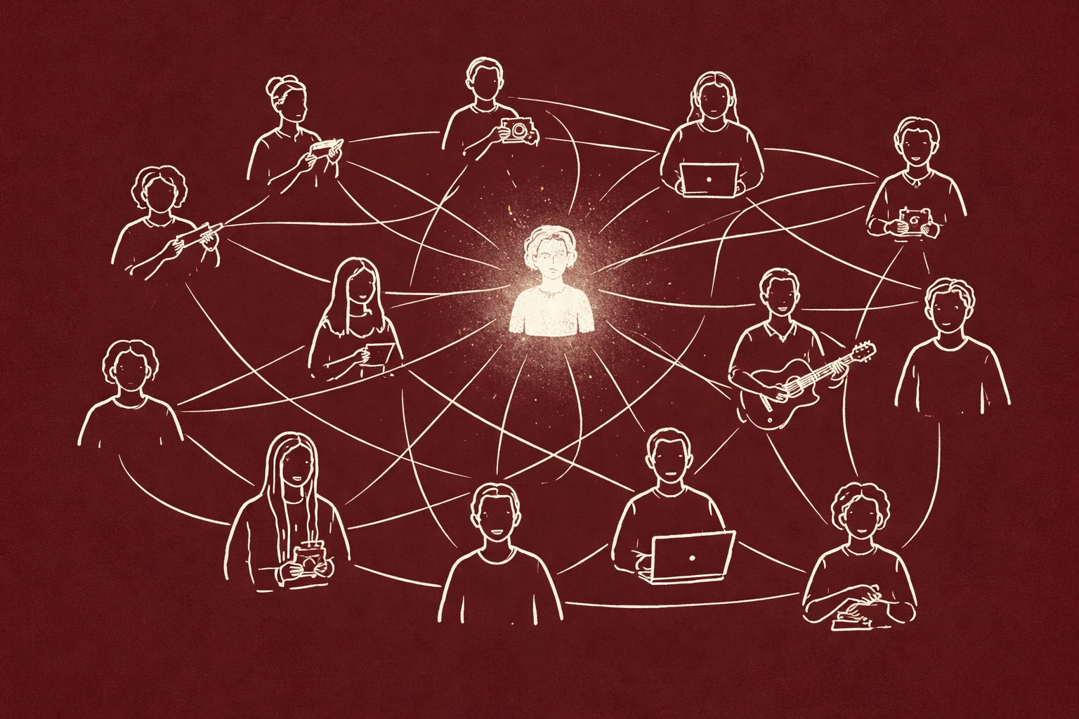 Sketch of diverse creators connected in a network, highlighting community and collaboration in the creator economy