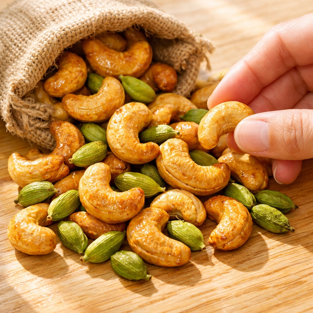 Fresh jumbo roasted cashews and green cardamom pods spilling from a rustic burlap sack.