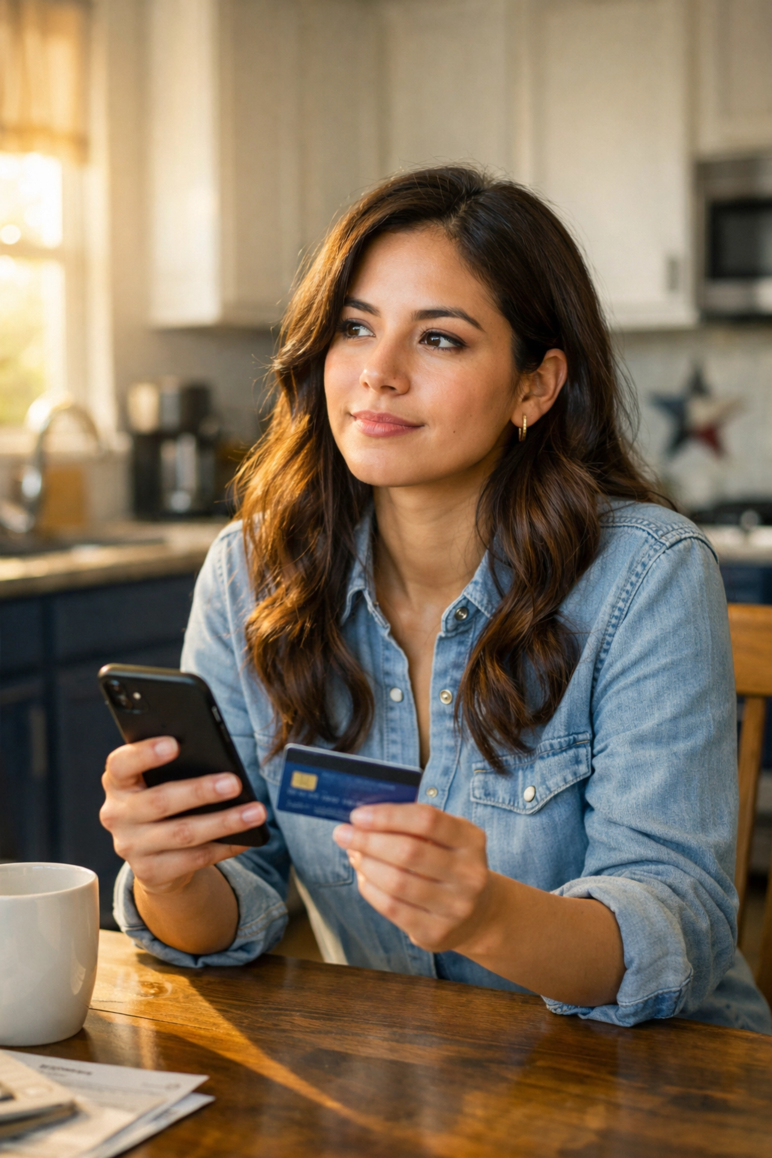 Texas woman reviewing credit card and credit building options on smartphone