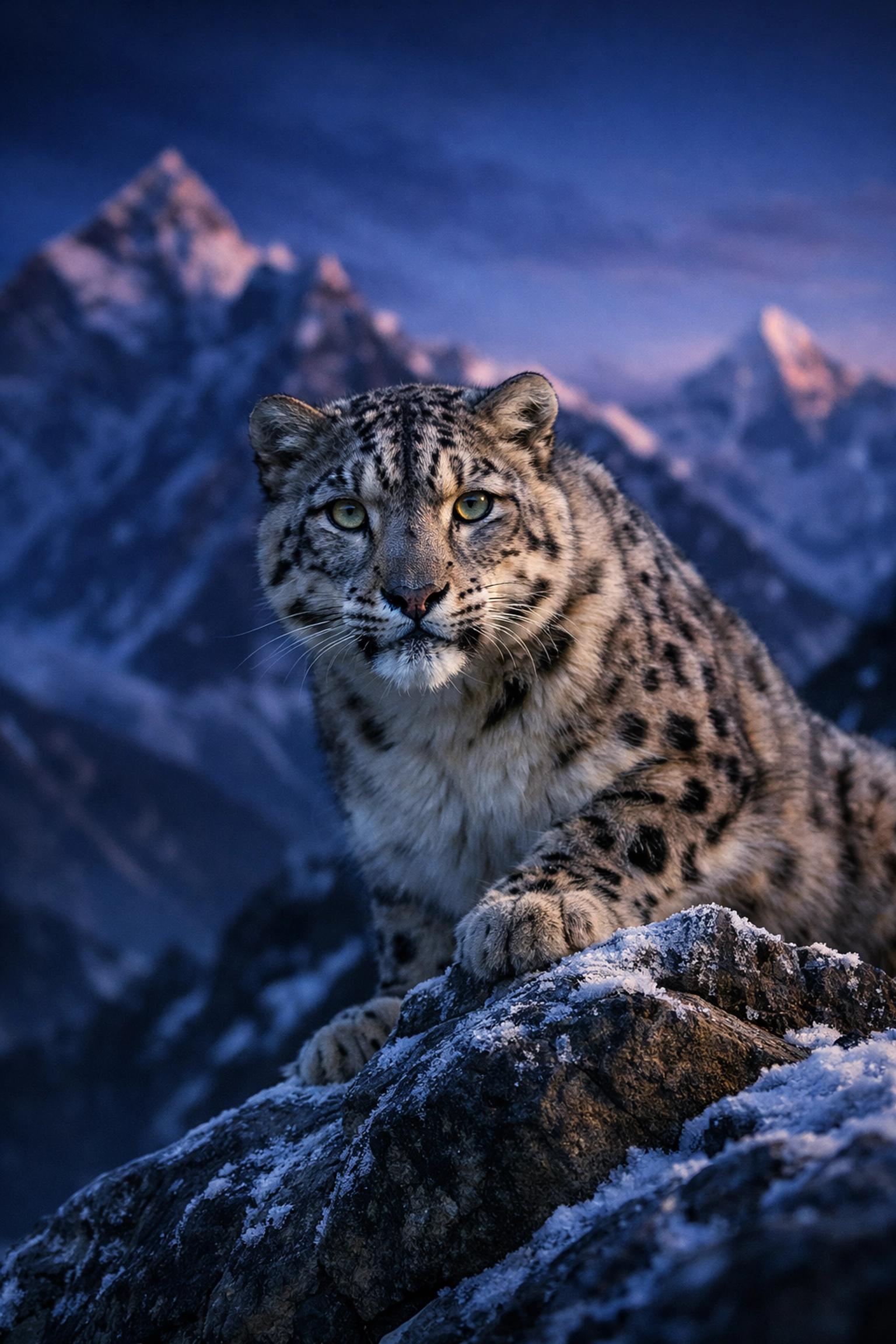 Majestic snow leopard on a mountain ridge illustrating a zoo's premium visual communication and unique brand story.