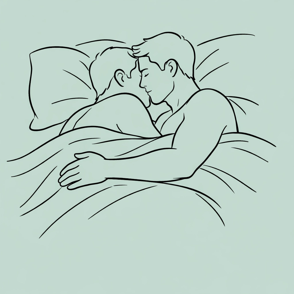 A protective embrace between two men under a duvet, capturing the sensory depth of literary MM romance.
