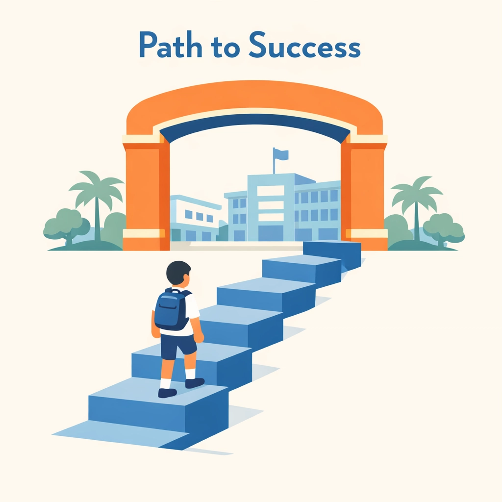 Image 1: 插图描绘国际学生通过AEIS考试进入新加坡政府学校的成功升学路径