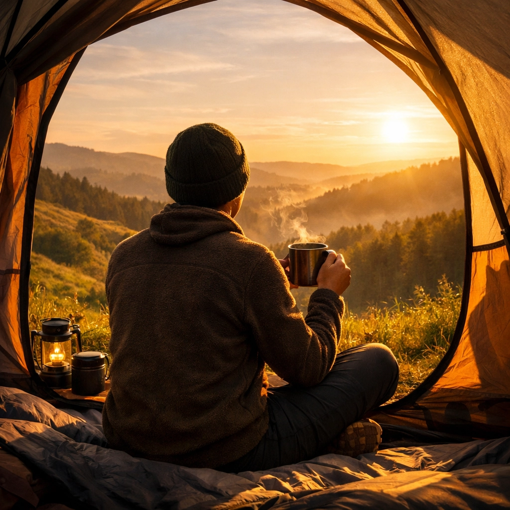 Camper enjoying a hot drink at sunset to relax during a camping adventure UK.