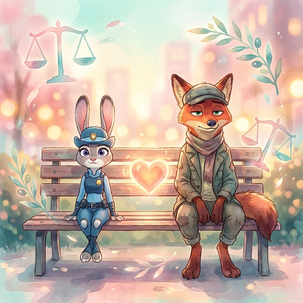 Judy and Nick from Zootopia balancing truth and compassion on park bench