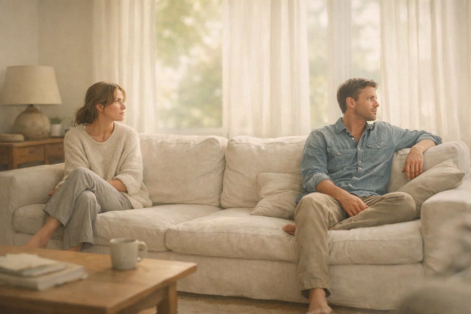 Pár ül a kanapén távolságtartóan, a kezeletlen merevedési zavar okozta párkapcsolati feszültség miatt.