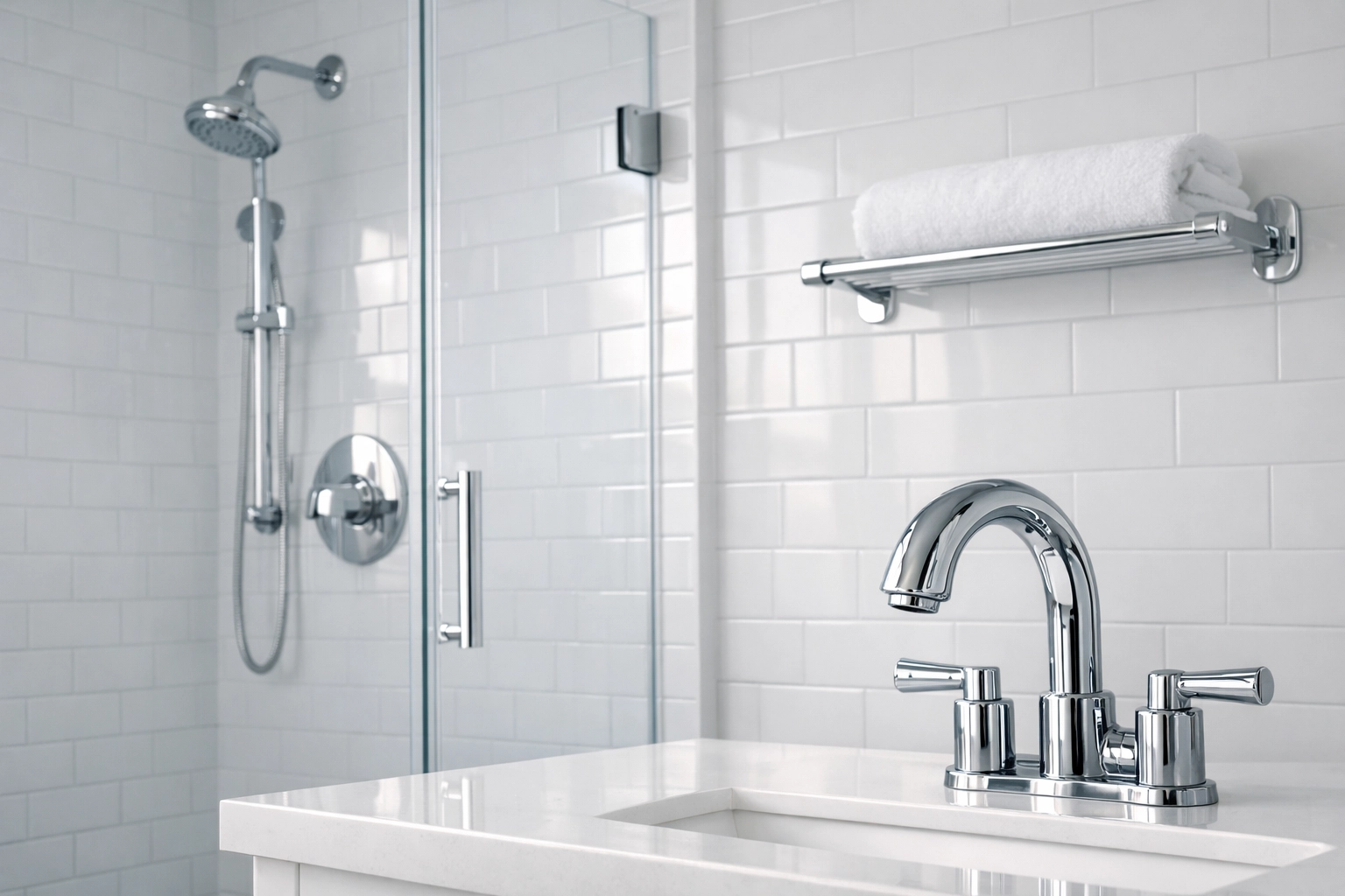 Sparkling clean luxury apartment bathroom with white subway tiles and polished chrome fixtures.