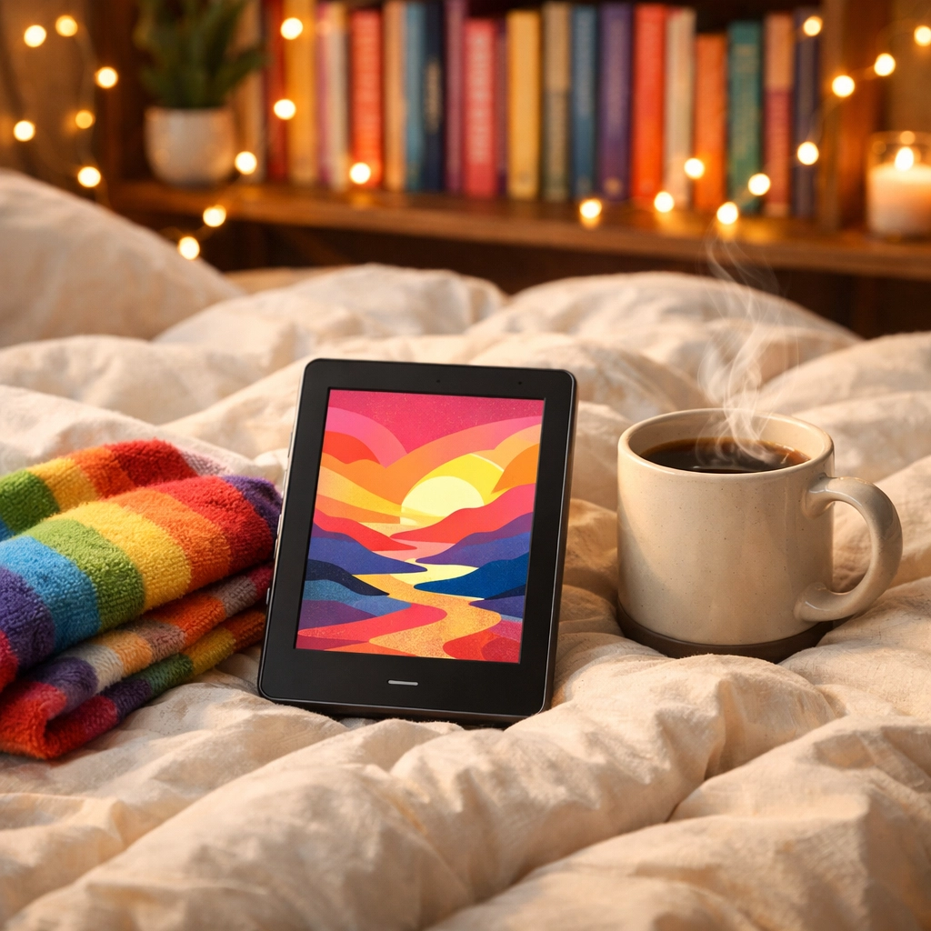 Cozy reading nook with an e-reader and rainbow blanket, perfect for enjoying new LGBTQ+ ebooks.