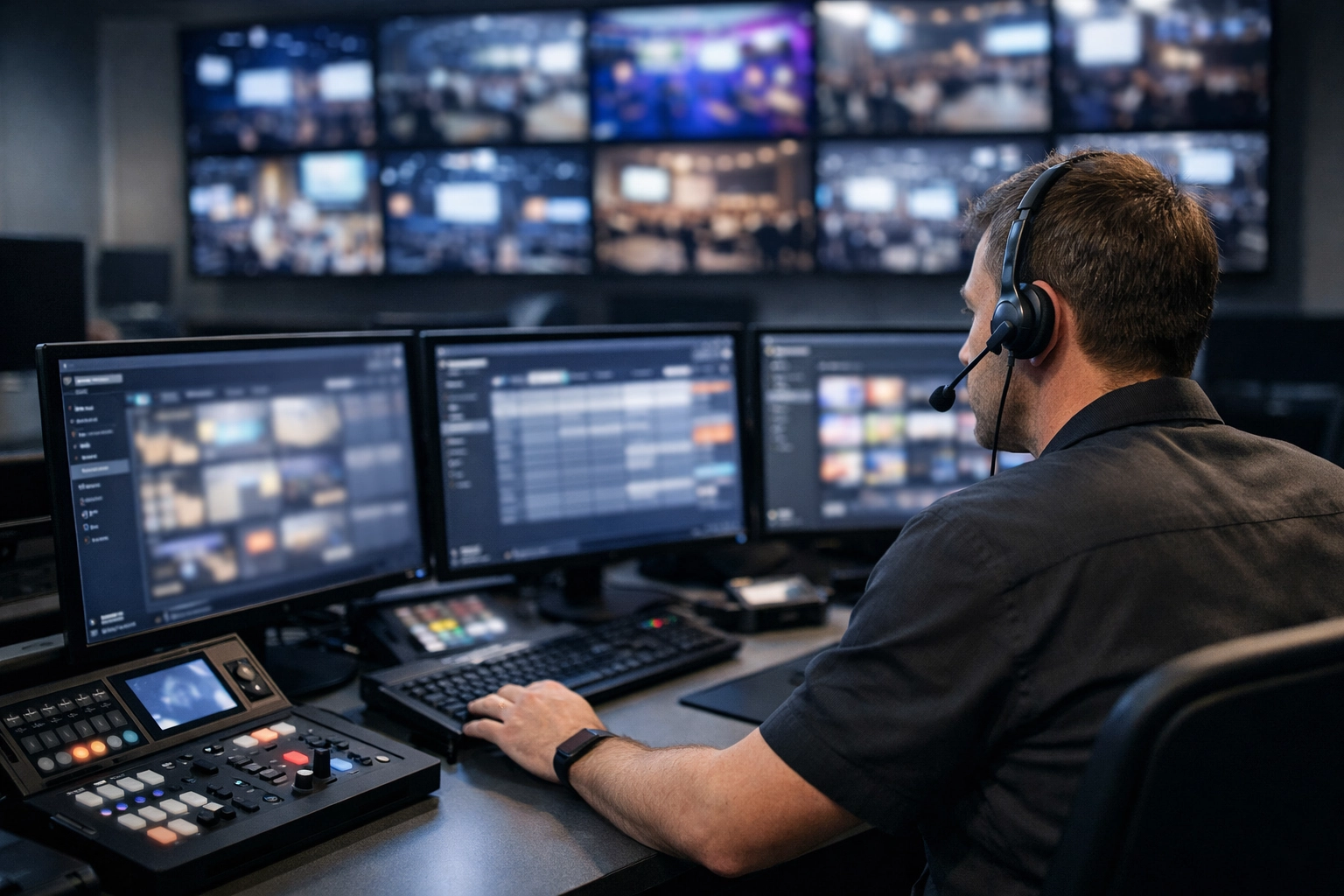 Media professional managing a centralized venue media network and digital signage CMS in a modern control room.