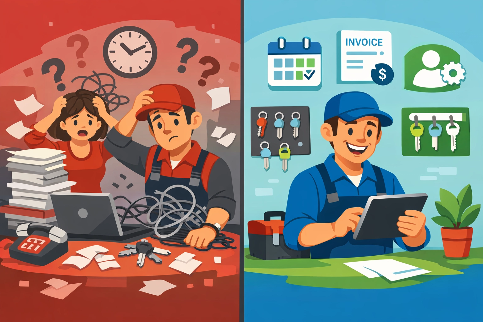 Side-by-side comparison showing chaotic Housecall Pro workflow versus streamlined Valortek field service management
