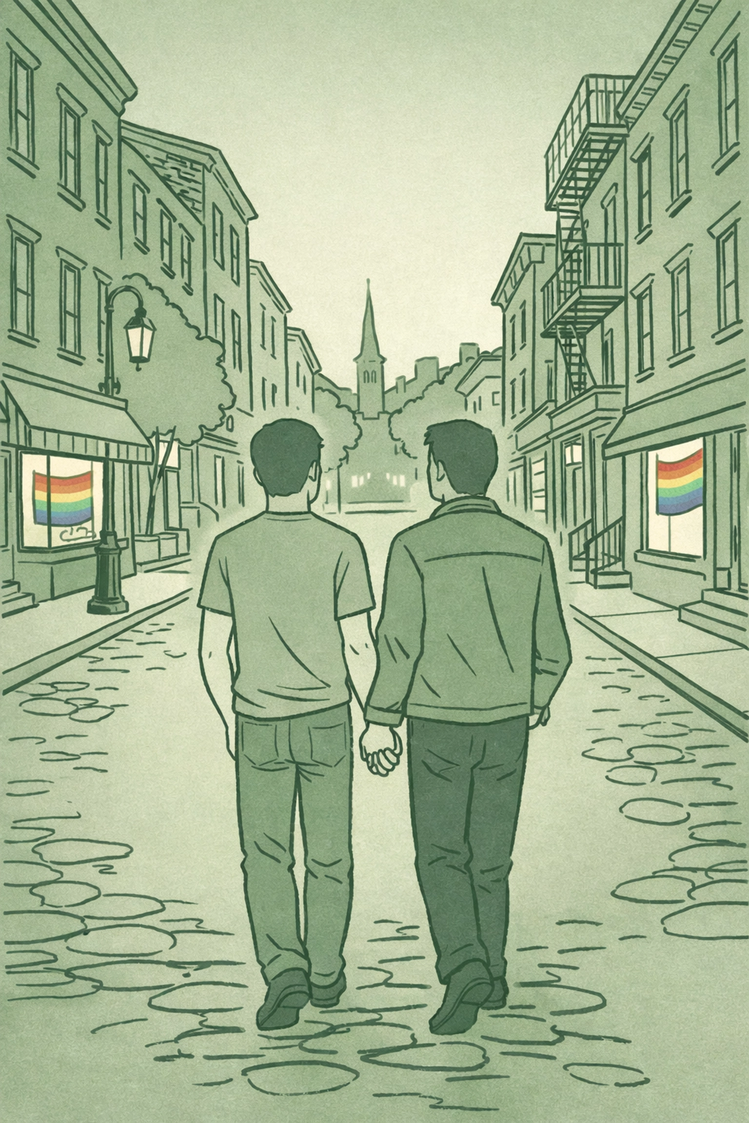 Gay couple walking hand-in-hand through historic Greenwich Village streets with rainbow flags