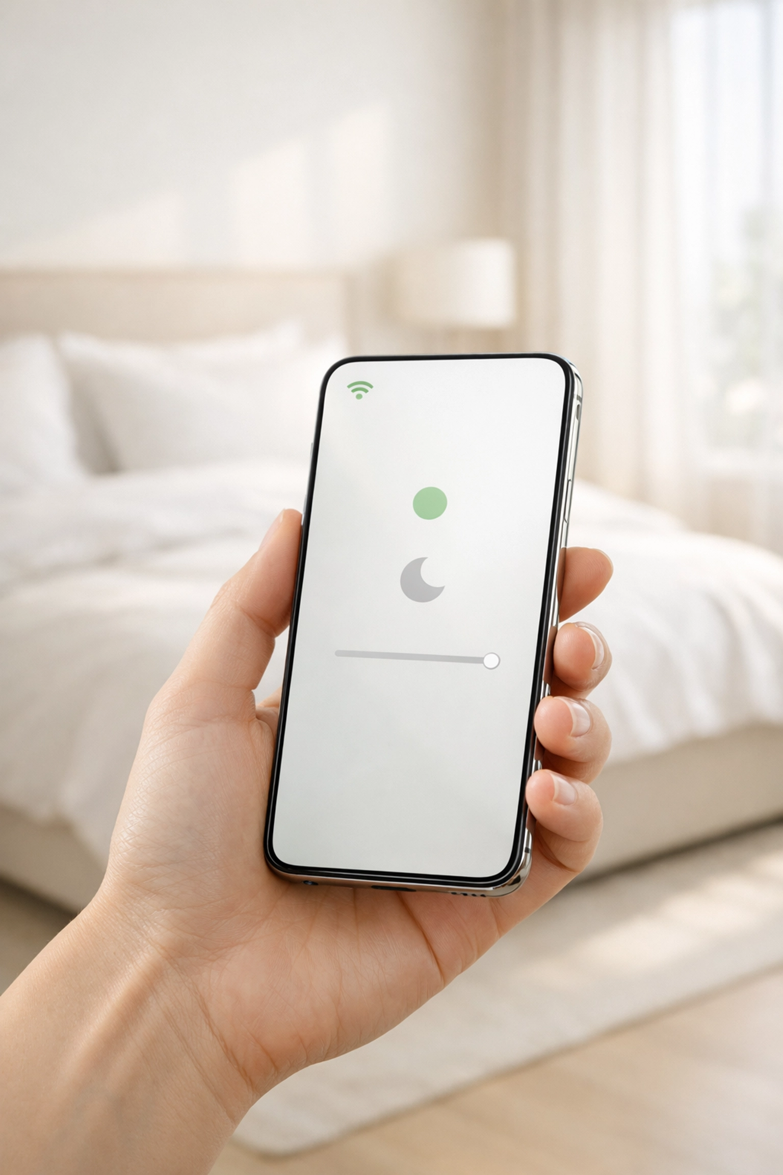 Mobile housekeeping software app showing real-time room status updates in a modern hotel suite.