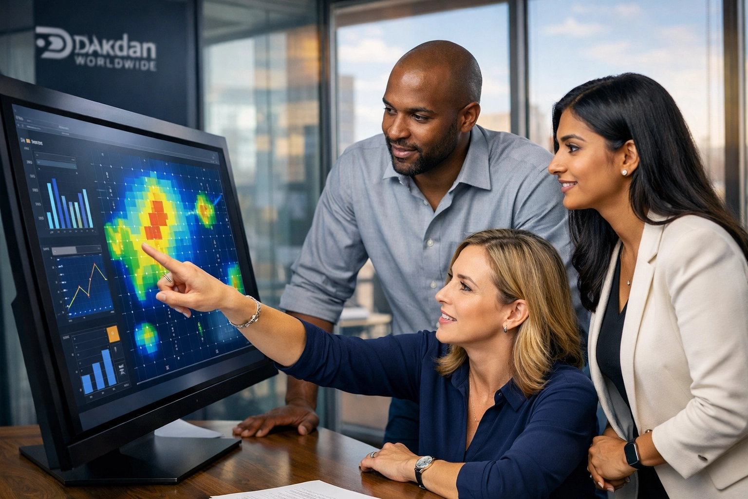 Strategic marketing team at Dakdan Worldwide analyzing digital data for a sponsorship activation plan.