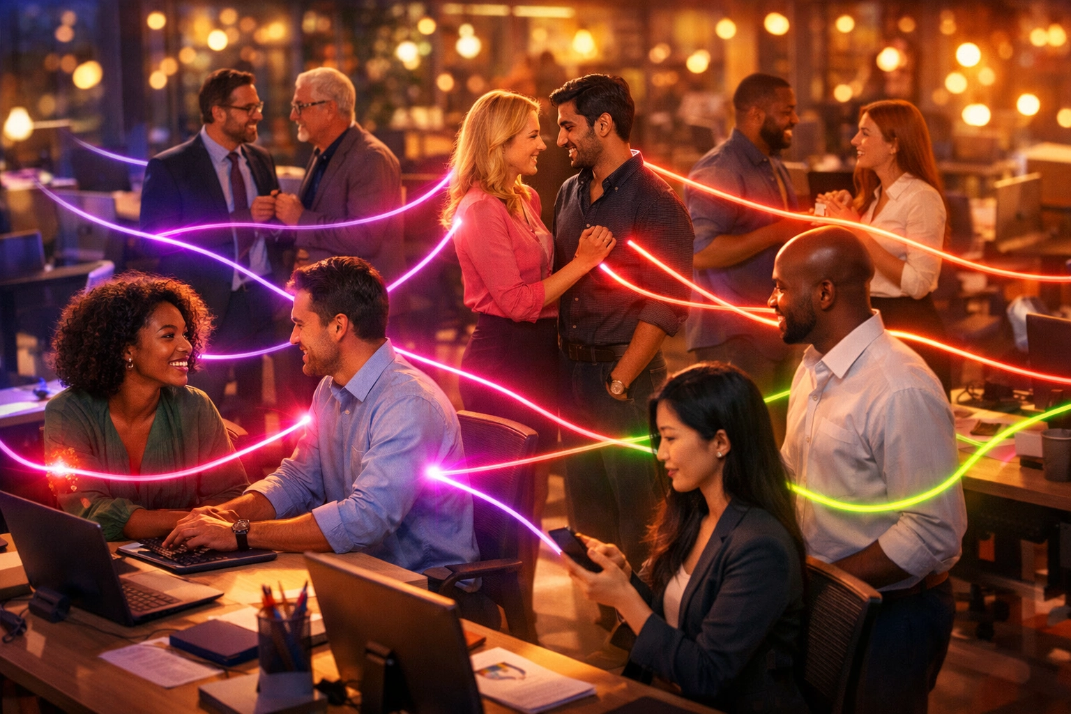 Office workers connected by glowing lines representing workplace relationships and connections
