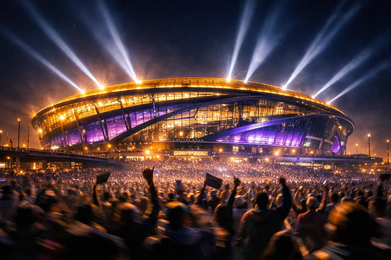 Exterior of a modern championship football stadium at night with vibrant lights and fans during a major sporting event.