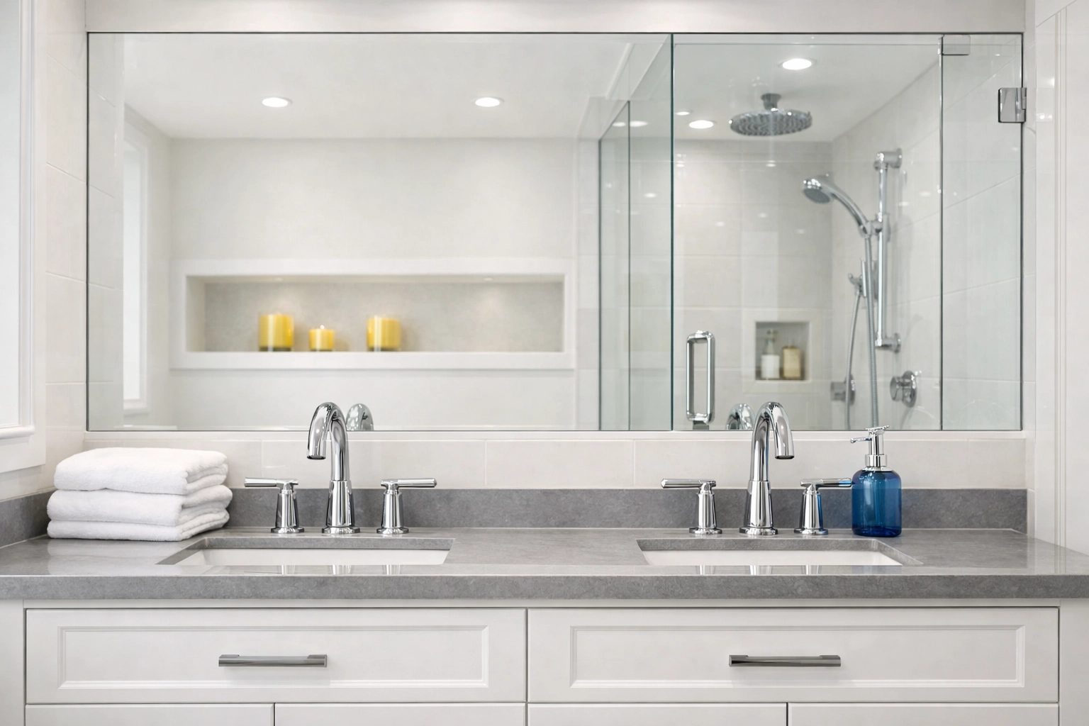 Pristine master bathroom with polished fixtures and clear glass from professional house cleaning services.