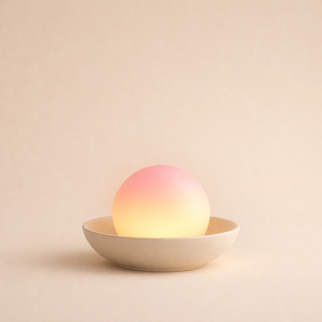 Glowing light orb in a minimalist bowl, symbolizing resilience and energy management to prevent burnout.