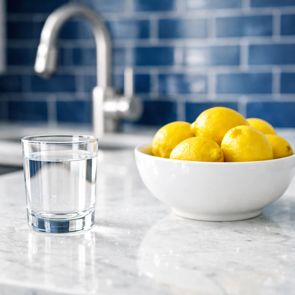 Pristine white marble kitchen countertop showing high-quality hygiene from professional house cleaning services.