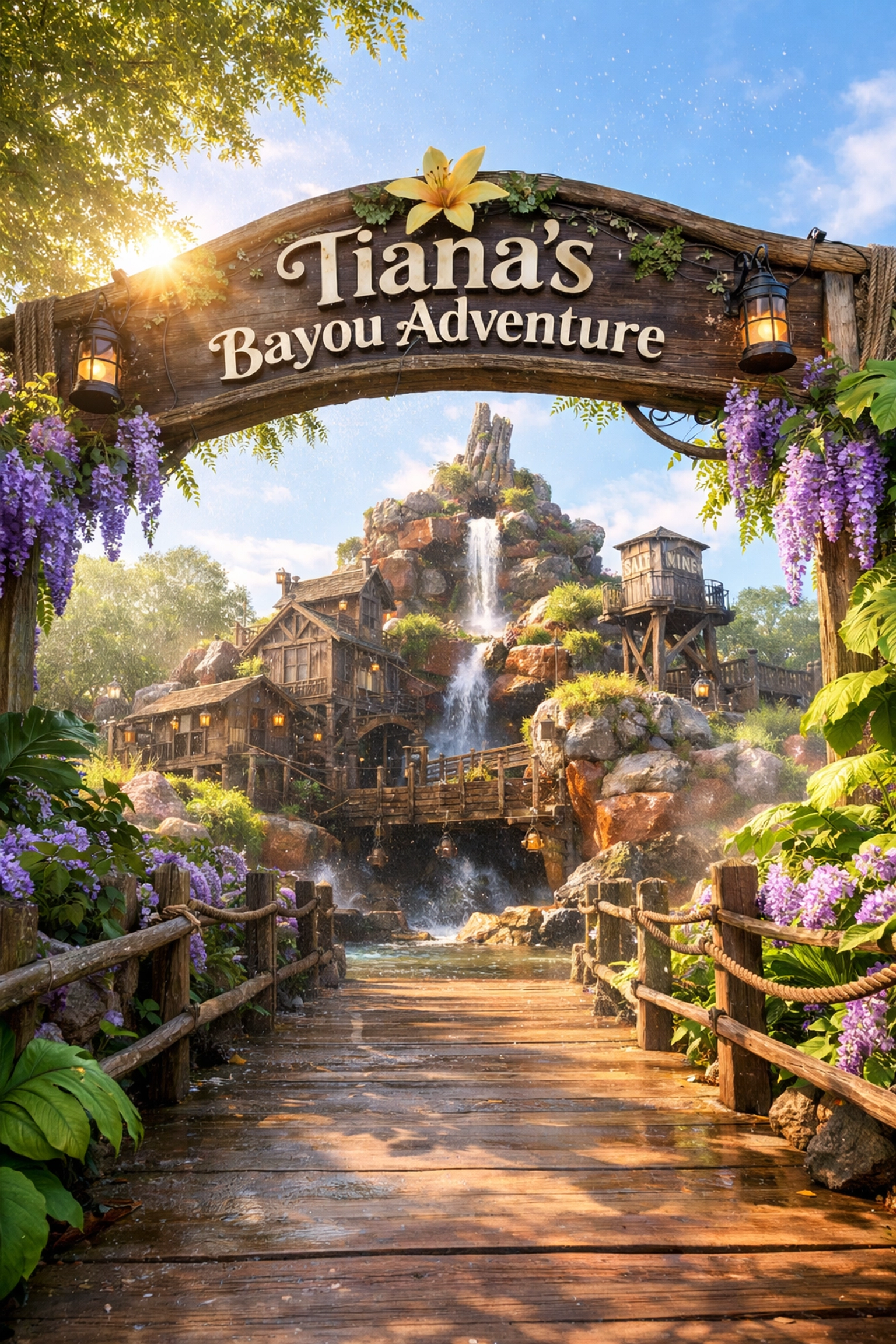 The vibrant entrance to Tiana’s Bayou Adventure at Magic Kingdom during a sunny morning.