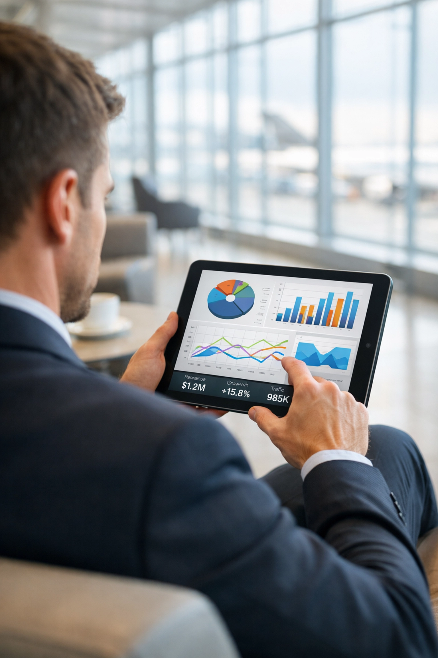 Executive reviewing managed travel analytics and ROI data for Super Bowl corporate travel planning.