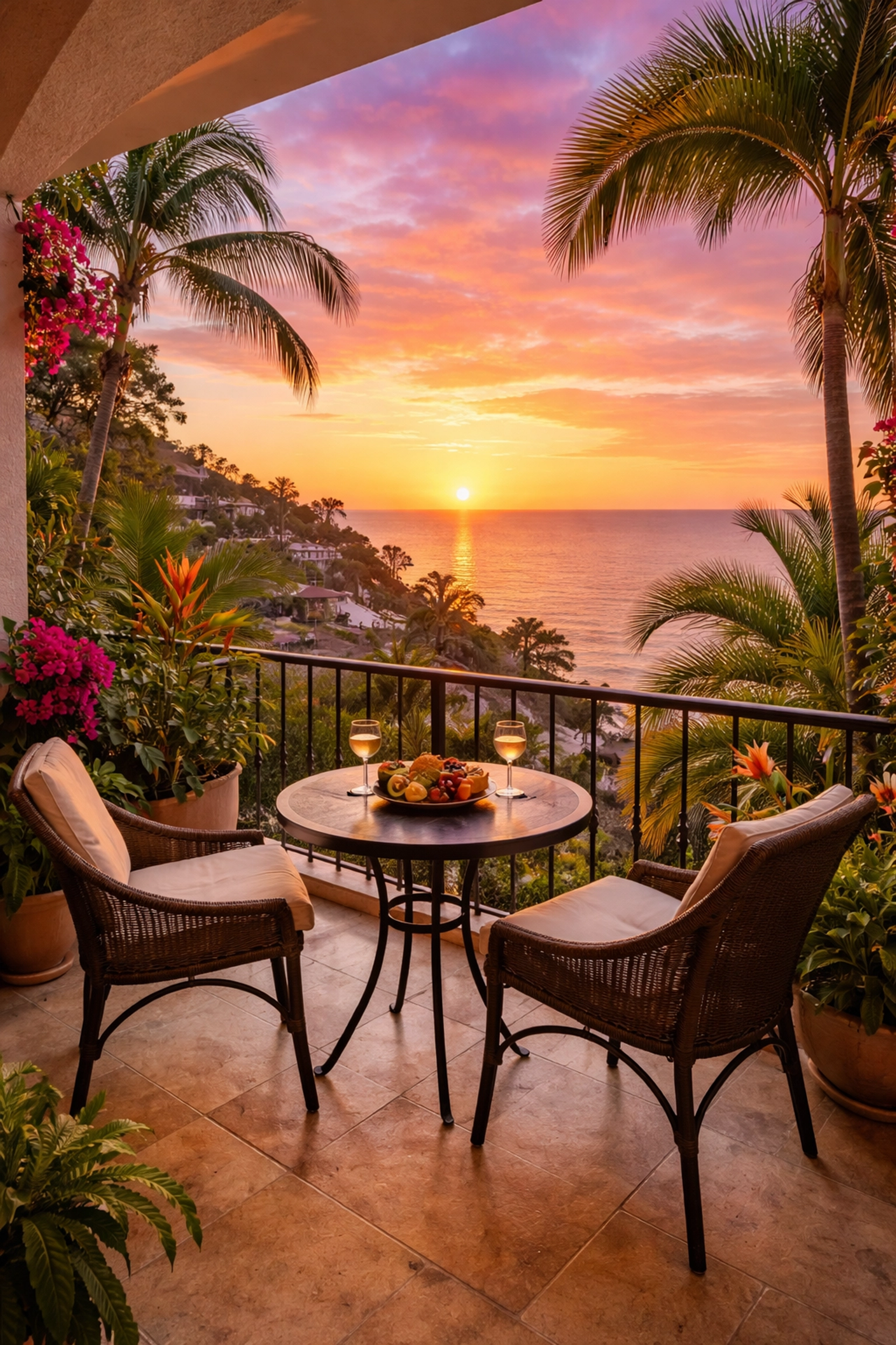 Private Amapas condo terrace at sunset overlooking Bay of Banderas, tropical plants, and dining area