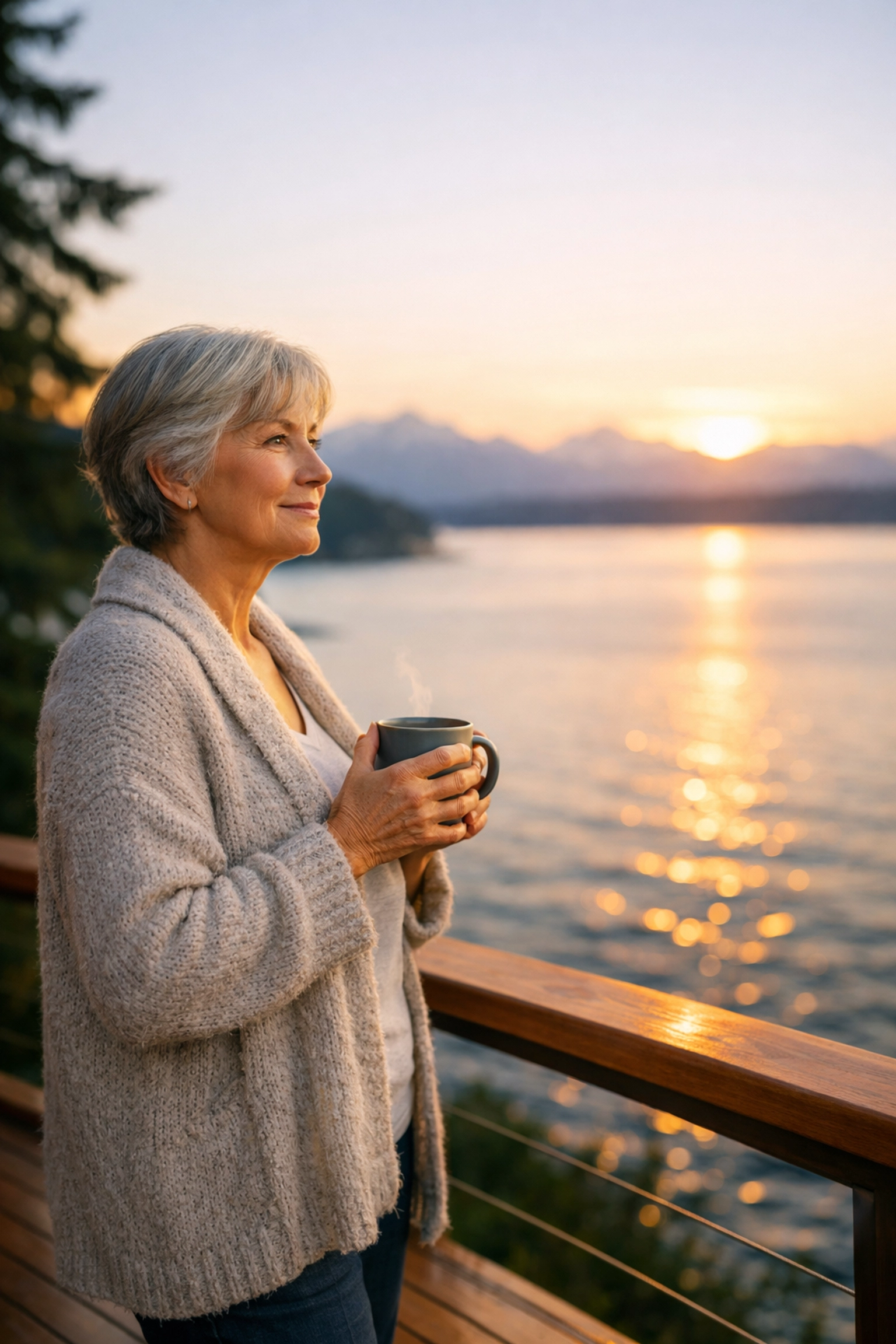 Retired woman overlooking Puget Sound, enjoying home equity freedom in Washington.