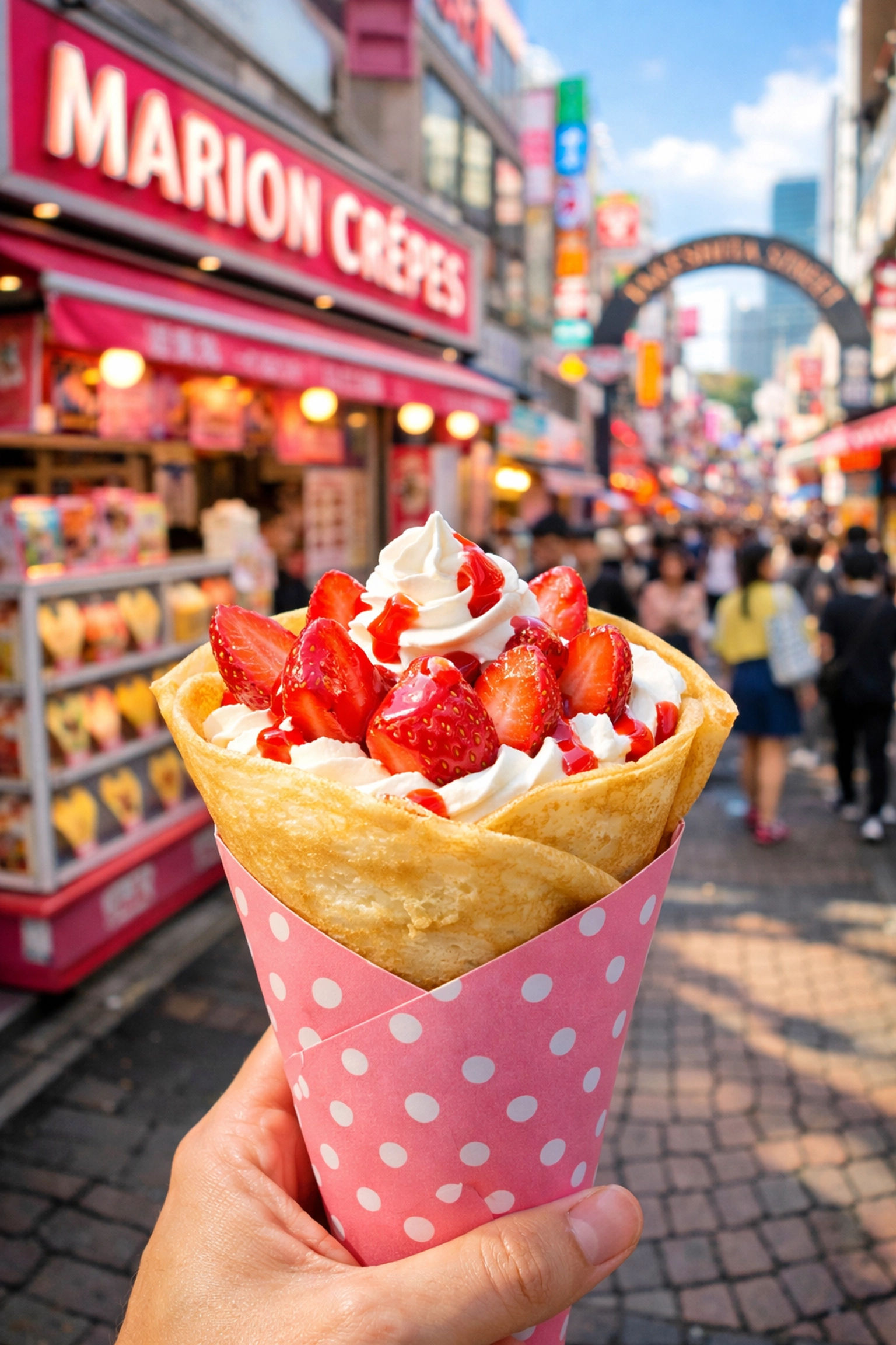 Famous Harajuku street food crepe held on Takeshita Street, a vibrant Tokyo photo spot for travelers.