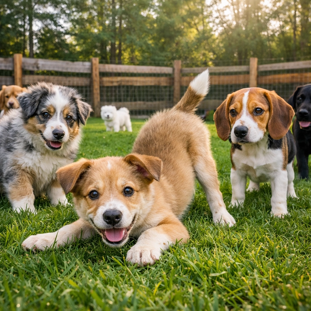 Supervised puppy play and socialization at Green Acres K-9 Resort in Boring, Oregon.