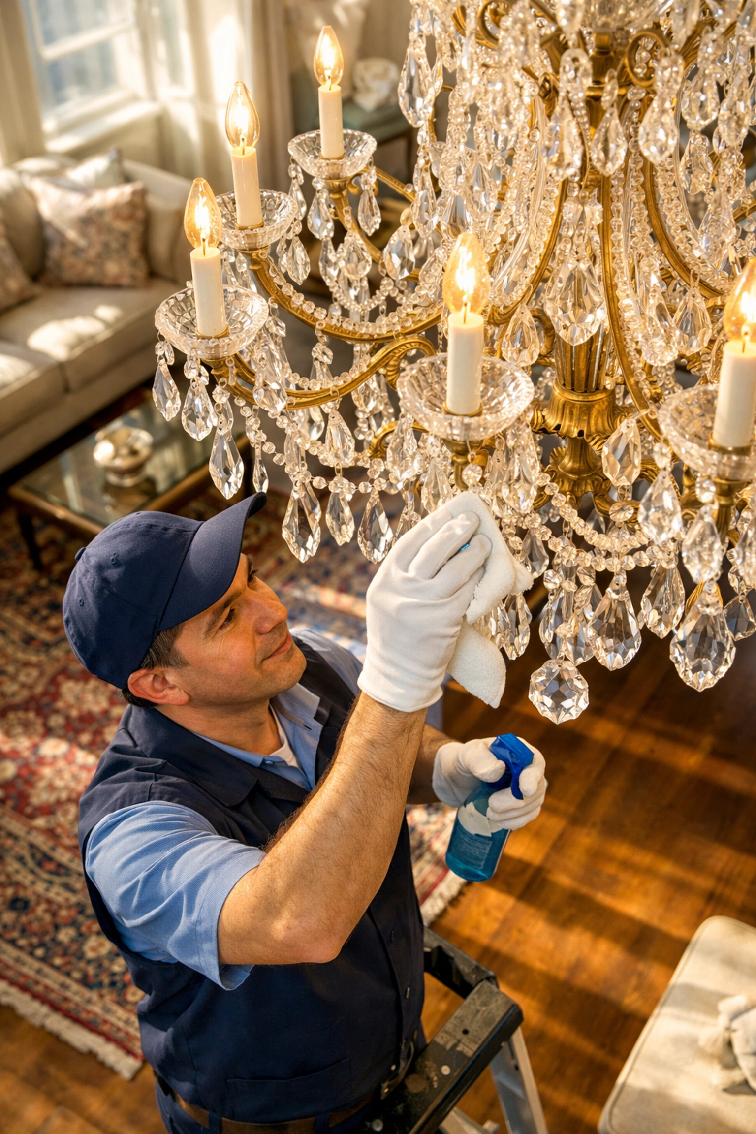 Professional cleaner polishing a crystal chandelier in a luxury Westchester home.