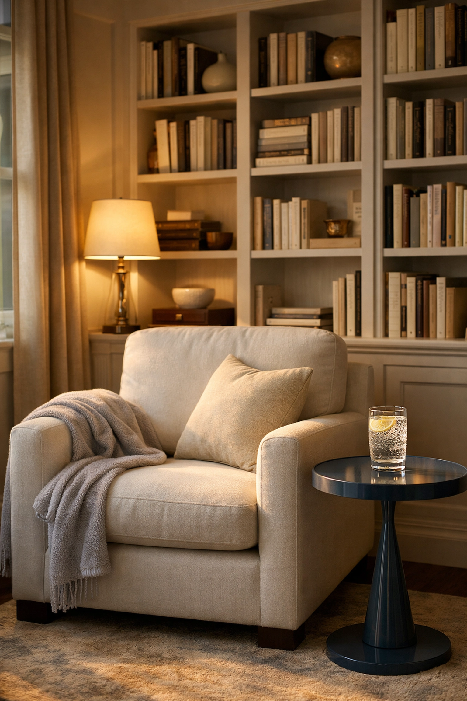 Dusted and organized reading nook in Lincoln providing a peaceful, clean space to relax.