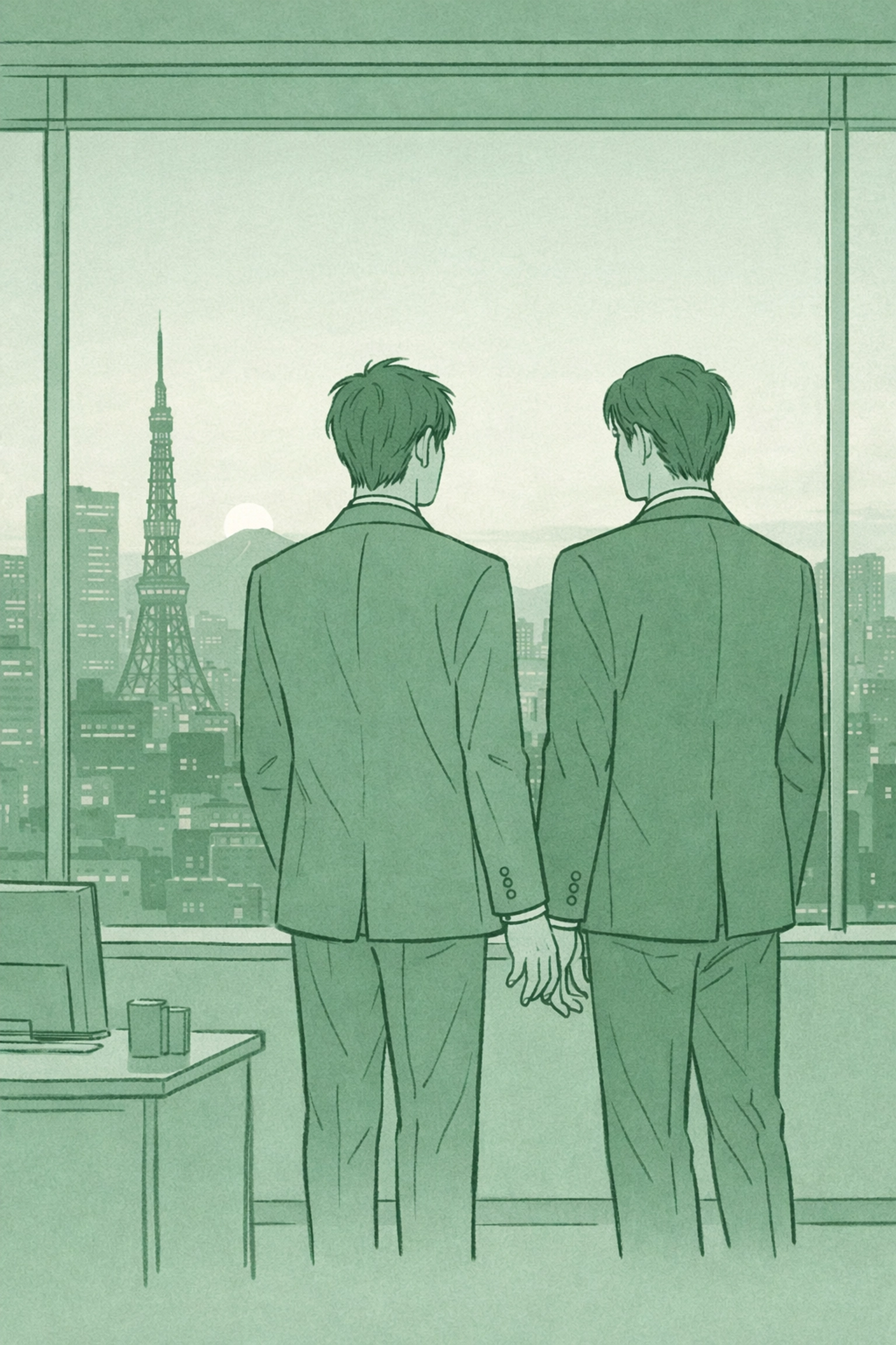 Two gay Japanese salarymen in Tokyo office showing hidden longing and tatemae restraint