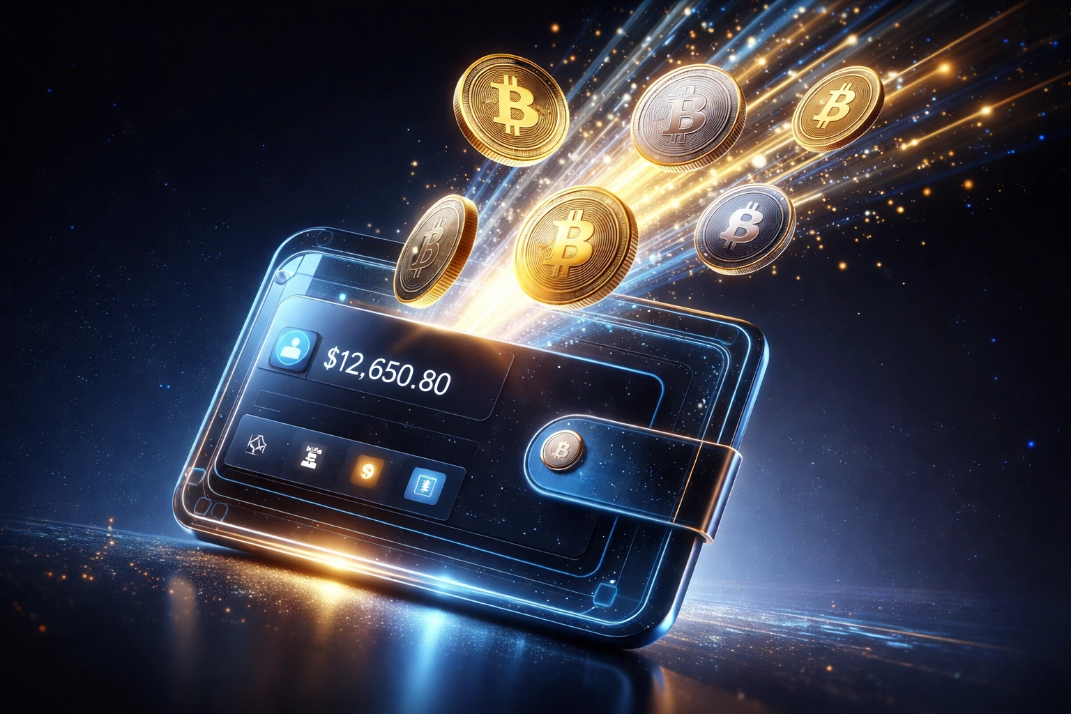 Futuristic digital wallet showing instant self-custody crypto payments for small business Web3 POS systems