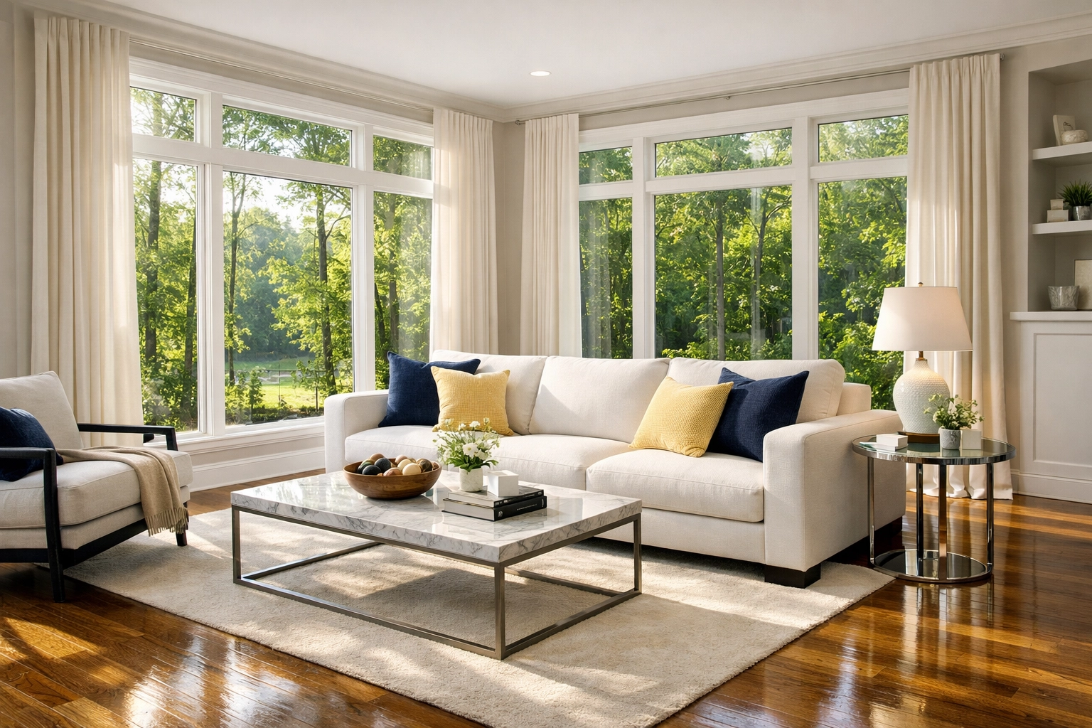 Clean and organized luxury living room in Ashburnham MA with polished hardwood floors.