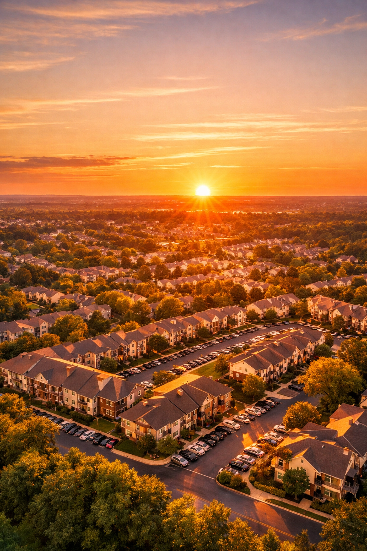 Sunset over a residential neighborhood symbolizing the peak market value for selling a property management firm.