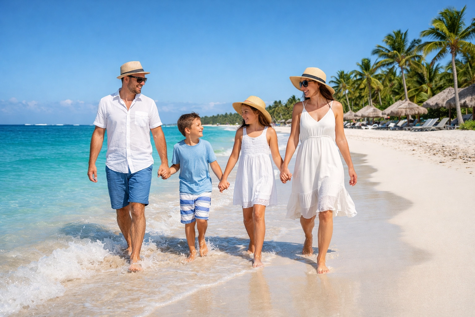 Happy family walking on a Punta Cana beach during a fun tropical travel getaway.