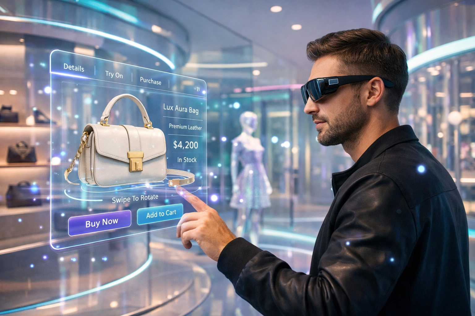 Shopper in a metaverse boutique using an AI assistant for personalized Web3 commerce.