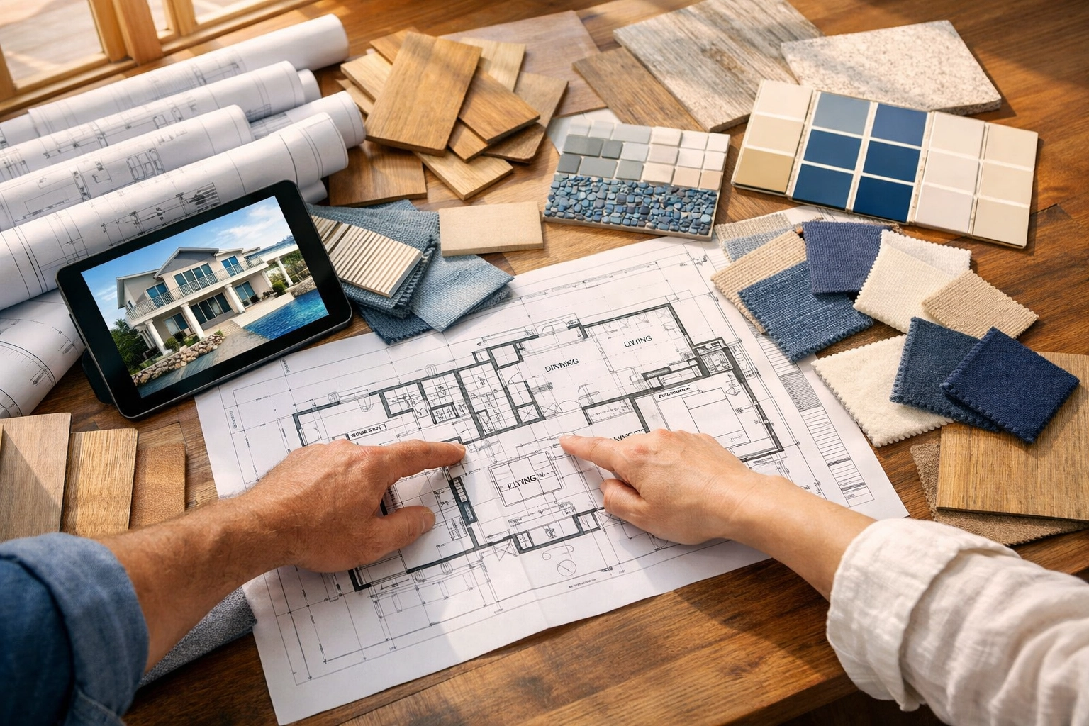 Custom home builder and homeowner reviewing blueprints and material selections in coastal NC