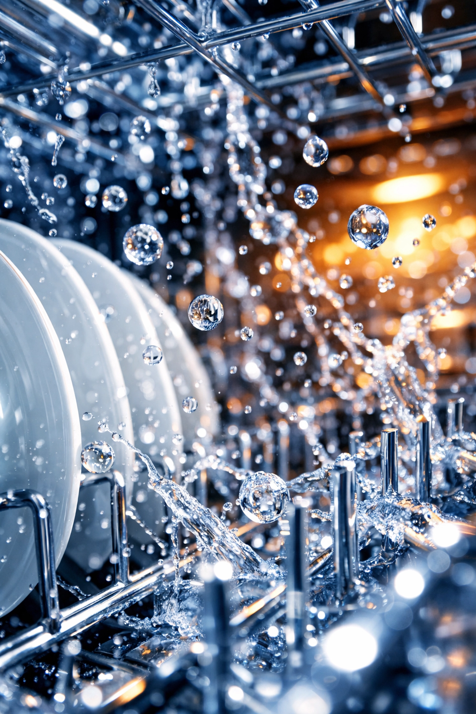 Detailed interior of an energy-efficient dishwasher with advanced water-saving spray arms and zeolite drying technology.