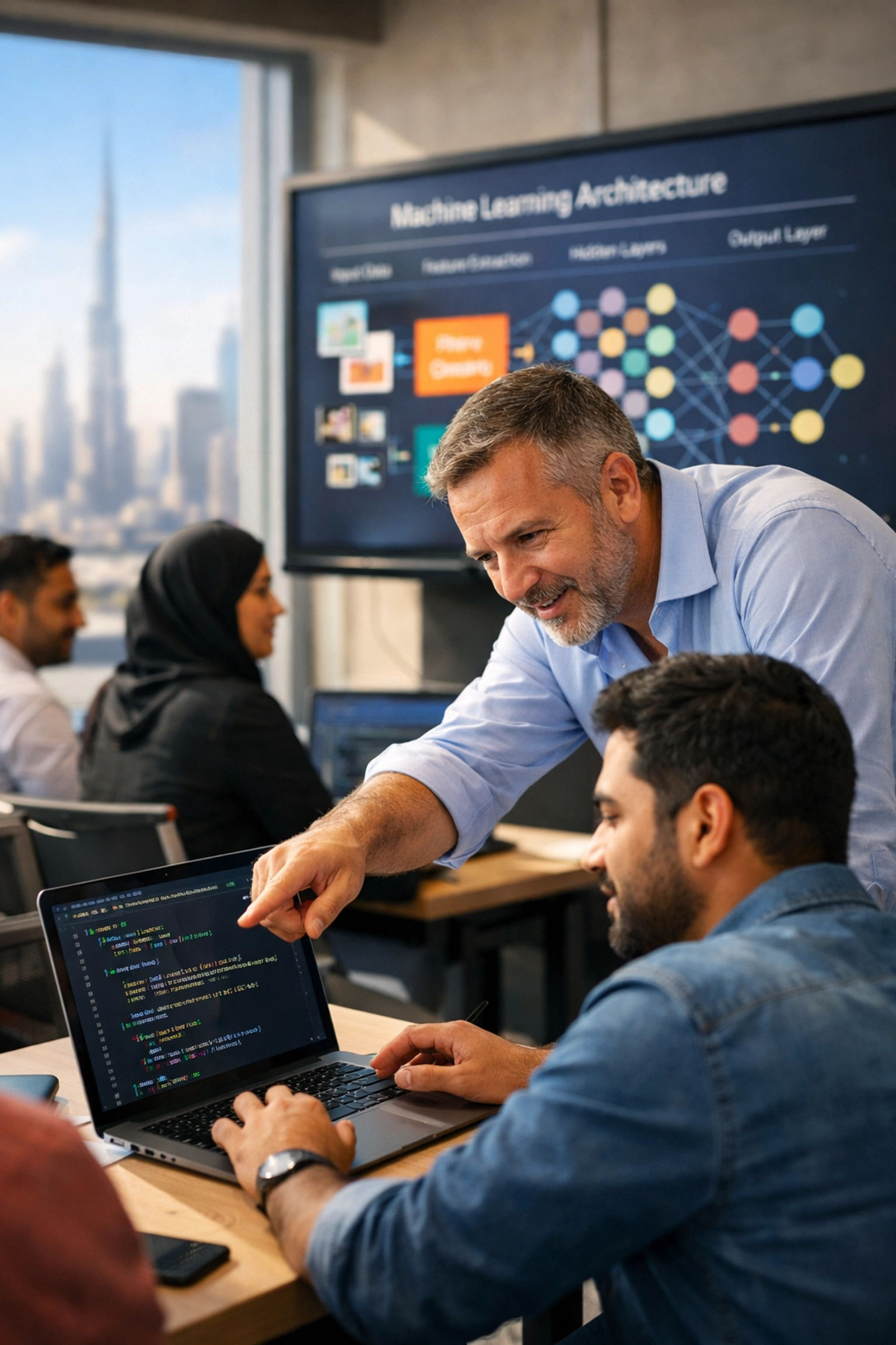 Data science students in a Dubai classroom learning Python coding with expert hands-on mentorship.