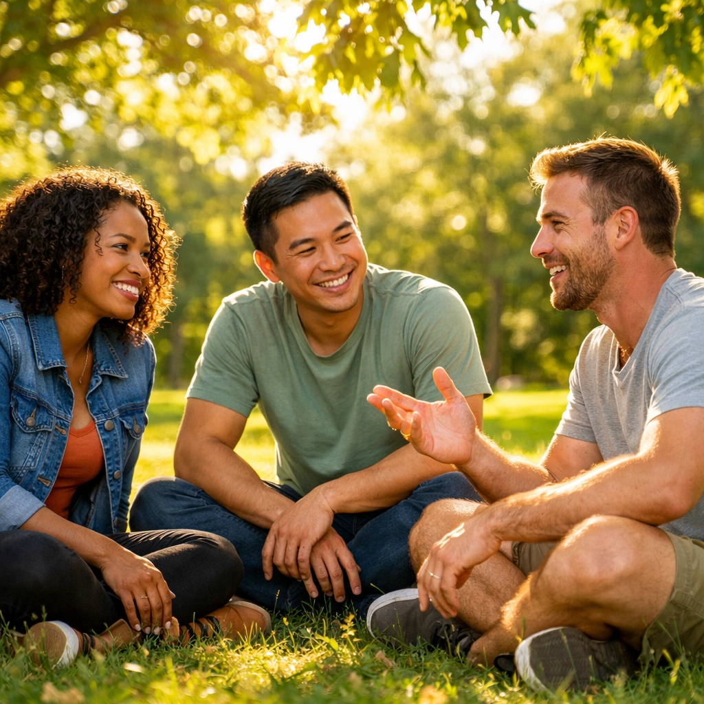 Group of people having authentic conversation outdoors demonstrating active listening