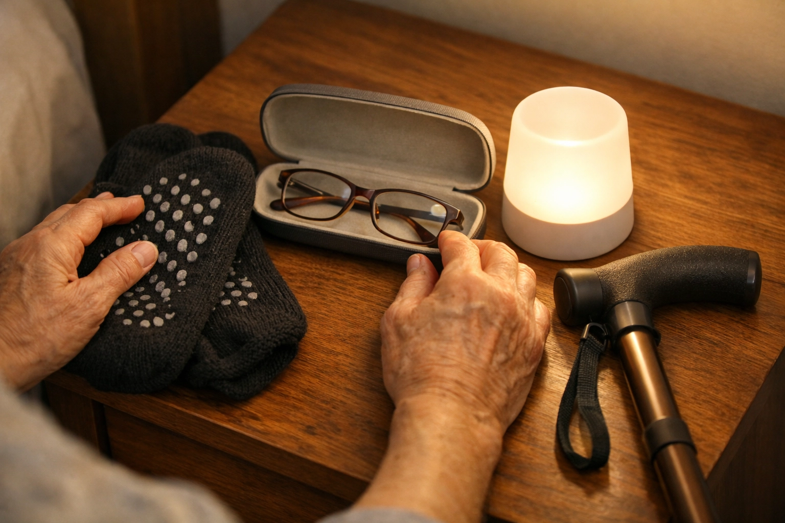 Nightstand with fall prevention essentials: non-slip socks, reading glasses, LED nightlight, and walking cane