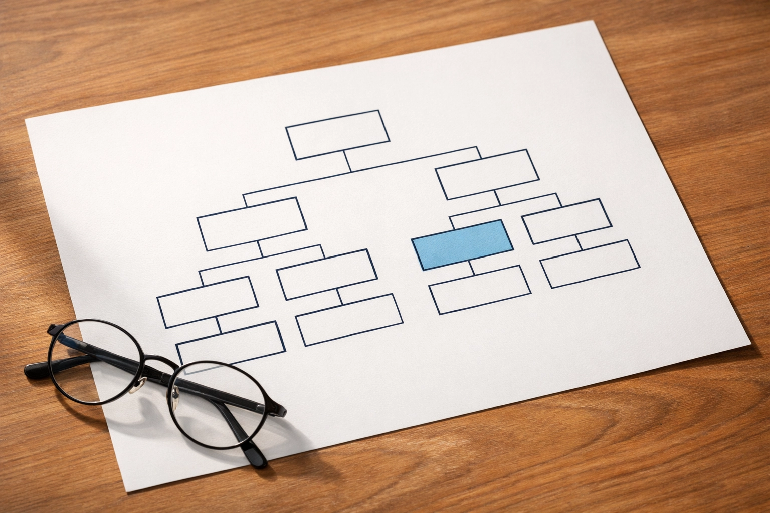 Organizational chart on desk representing biblical leadership structure and team management