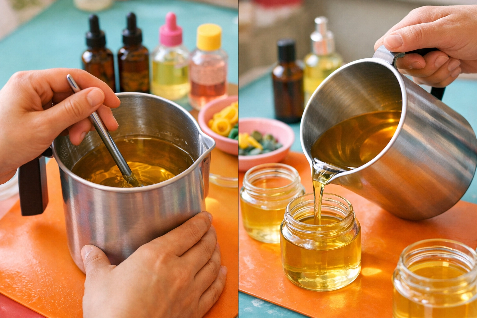 Close-up of candle making in progress during a mobile workshop (pouring wax into jars)