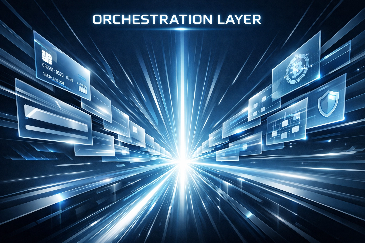Converging digital payment layers representing a unified orchestration layer for card and blockchain settlement.