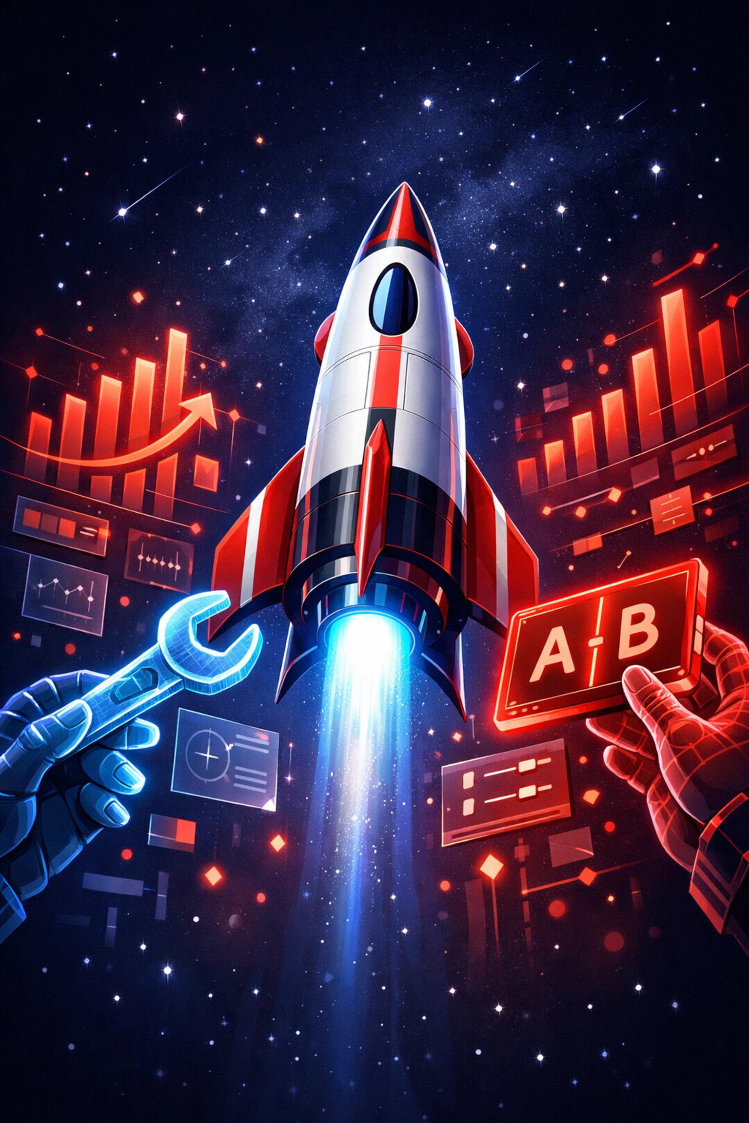 Rocket ship being fine-tuned with data charts to show continuous website improvement and conversion growth.